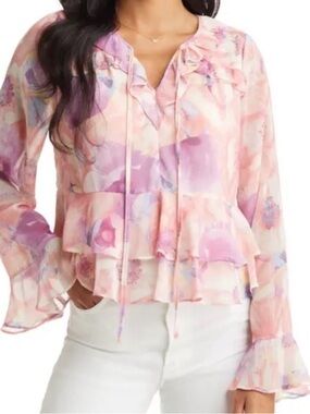 NWT VICI COLLECTION Floral Ruffle Chiffon Peplum Blouse Lilac & Peach Medium